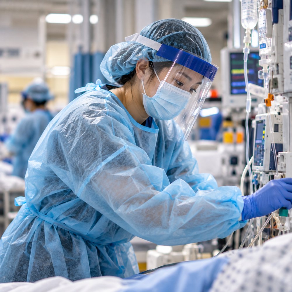 Nurse in protective gown, mask and face shield