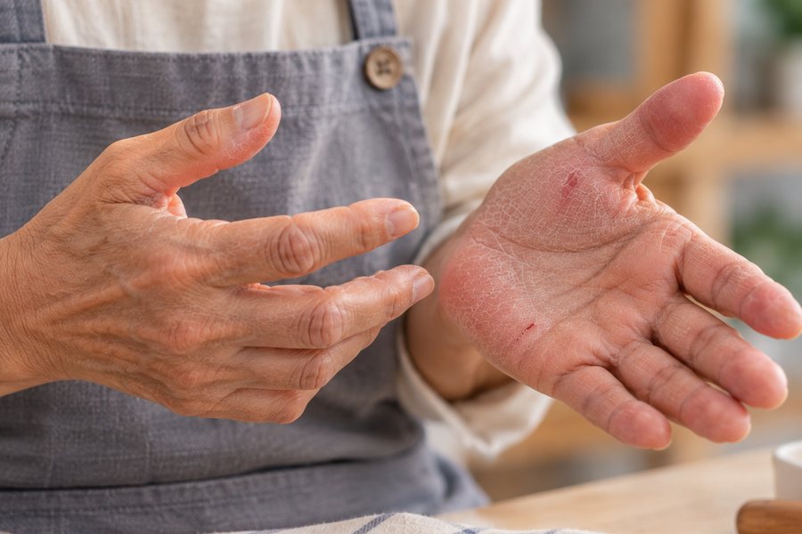 Dry, cracked palms from frequent washing and work